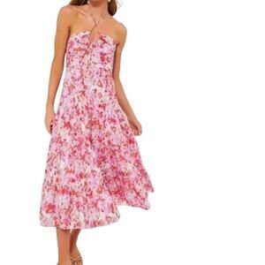 Hyacinth House Fuchsia Brushstrokes Aurora Halter Midi Dress XS Floral Tiered